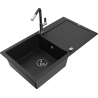 Mexen Leo granitový kuchynský drez s 1 komorou s odkvapkávačom a kuchynskou batériou Flora, čierny - 6501-77-670401-07-B