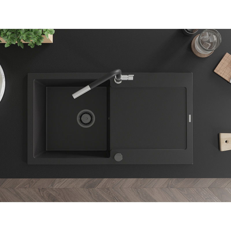 Mexen Leo žulový kuchynský drez s 1 komorou a odkvapkávačom a kuchynskou batériou Flora, čierny - 6501-77-670401-07-B