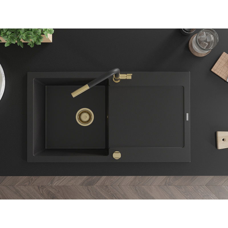 Mexen Leo granitový drez s 1 komorou a odkvapkávačom a kuchynskou batériou Flora, čierny - 6501-77-670401-57-G