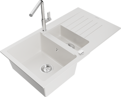 Mexen Matias žulový dvojitý umývadlo s odkvapkávačom a kuchynskou batériou Flora, biela - 6502-20-670401-00