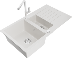 Mexen Matias žulový drez 1,5-komorový s odkvapkávačom a kuchynskou batériou Flora, biely - 6502-20-670401-02