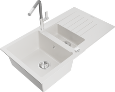 Mexen Matias granitový drez 1,5-komorový s odkvapkávačom a kuchynskou batériou Flora, biely - 6502-20-670401-06