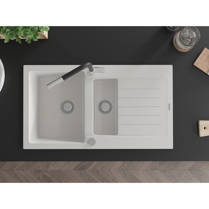 Mexen Matias granitový drez 1,5-komorový s odkvapkávačom a kuchynskou batériou Flora, biely - 6502-20-670401-07