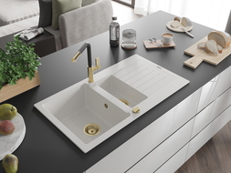 Mexen Matias granitový drez s 1,5 komorou s odkvapkávačom a kuchynskou batériou Flora, biely - 6502-20-670401-57-G