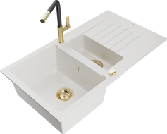 Mexen Matias granitový drez s 1,5 komorou s odkvapkávačom a kuchynskou batériou Flora, biely - 6502-20-670401-57-G