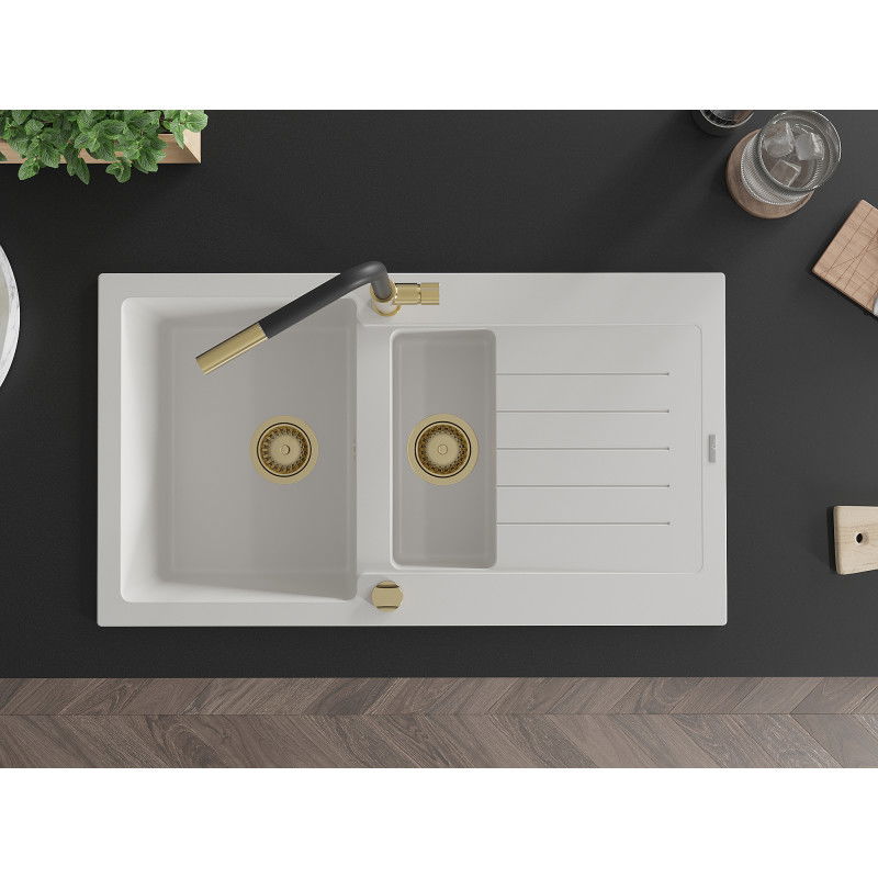 Mexen Matias granitový drez s 1,5 komorou s odkvapkávačom a kuchynskou batériou Flora, biely - 6502-20-670401-57-G