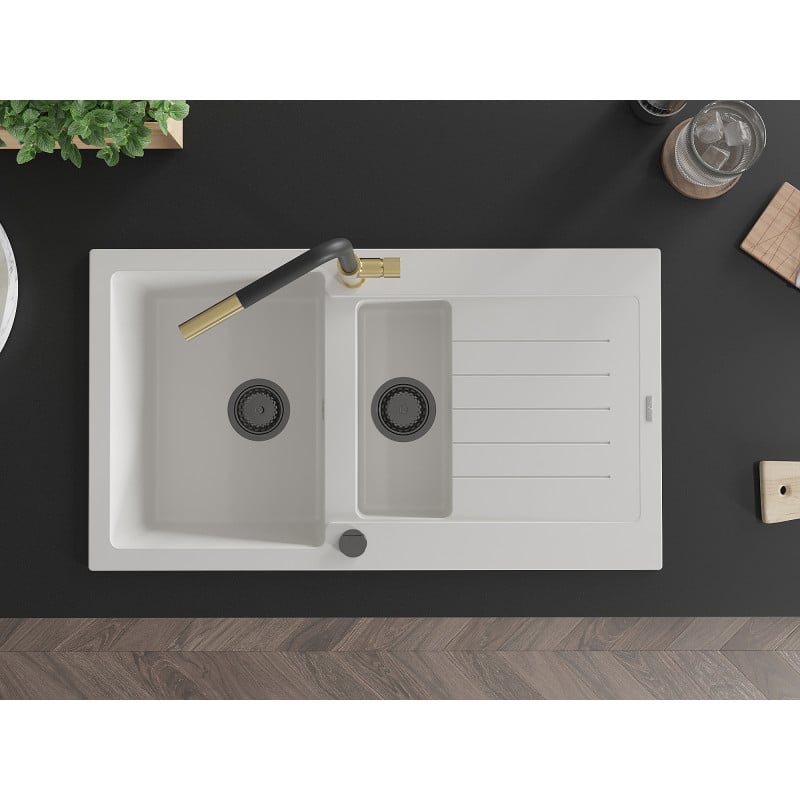 Mexen Matias granitový drez 1,5-komorový s odkvapkávačom a kuchynskou batériou Flora, biely - 6502-20-670401-57-B