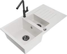 Mexen Matias granitový drez 1,5-komorový s odkvapkávačom a kuchynskou batériou Flora, biely - 6502-20-670401-70-B