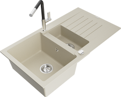 Mexen Matias granitový drez s 1,5 komorami a odkvapkávačom a kuchynskou batériou Flora, béžový - 6502-69-670401-07