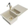 Mexen Matias granitový drez 1,5-komorový s odkvapkávačom a kuchynskou batériou Flora, béžový - 6502-69-670401-57-G