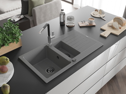 Mexen Matias granitový drez 1,5-komorový s odkvapkávačom a kuchynskou batériou Flora, sivý - 6502-71-670401-07-B