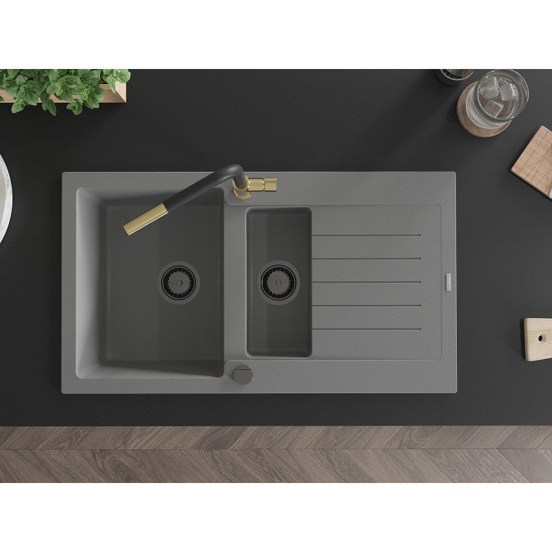 Mexen Matias granitový drez s 1,5-komorou s odkvapkávačom a kuchynskou batériou Flora, sivý - 6502-71-670401-57-B