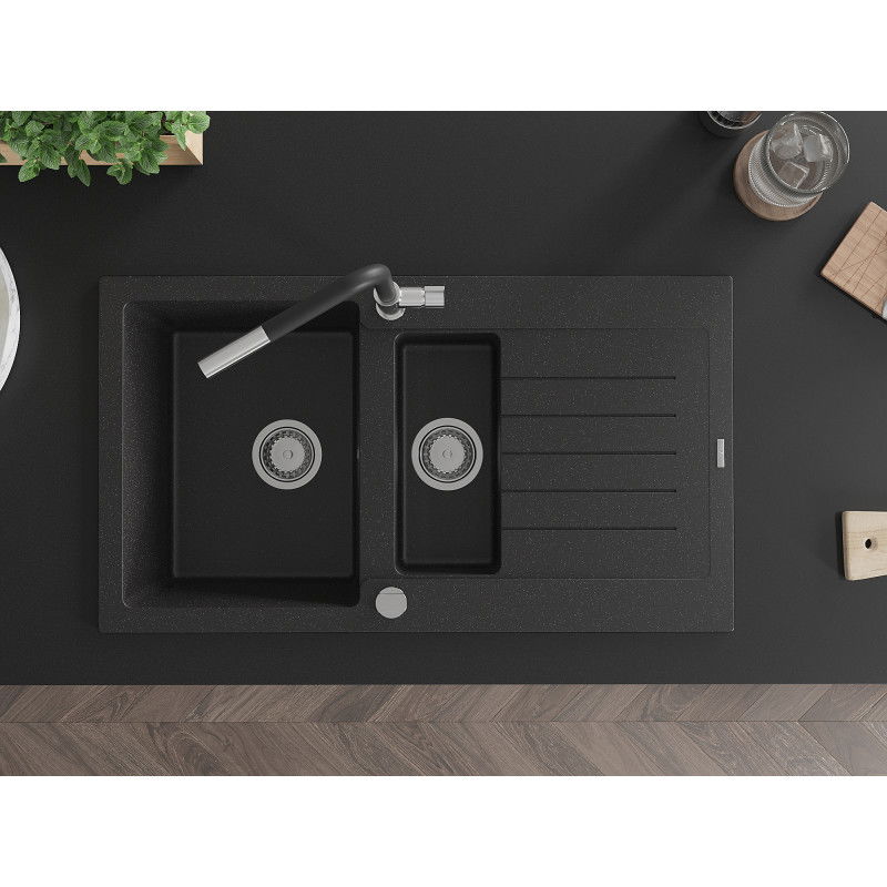 Mexen Matias granitový drez 1,5-komorový s odkvapkávačom a kuchynskou batériou Flora, čierna/strieborná - 6502-73-670401-07