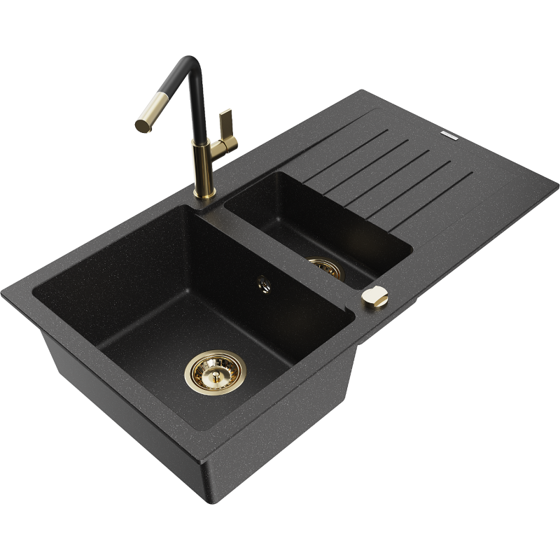 Mexen Matias granitový drez 1,5-komorový s odkvapkávačom a kuchynskou batériou Flora, čierny/strieborný