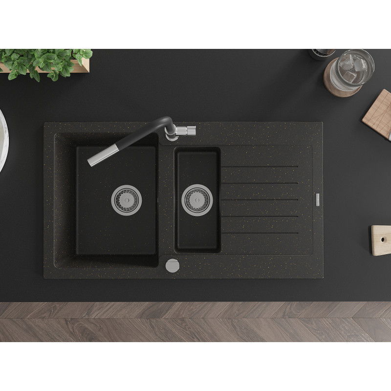 Mexen Matias žulový drez 1,5-komorový s odkvapkávačom a kuchynskou batériou Flora, čierny/zlatý metalický - 6502-75-670401-07