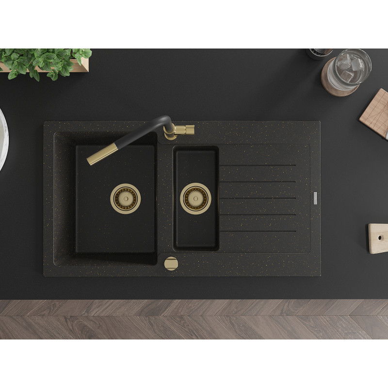Mexen Matias žulový drez s 1,5 komorou s odkvapkávačom a kuchynskou batériou Flora, čierna/zlatá - 6502-75-670401-57-G