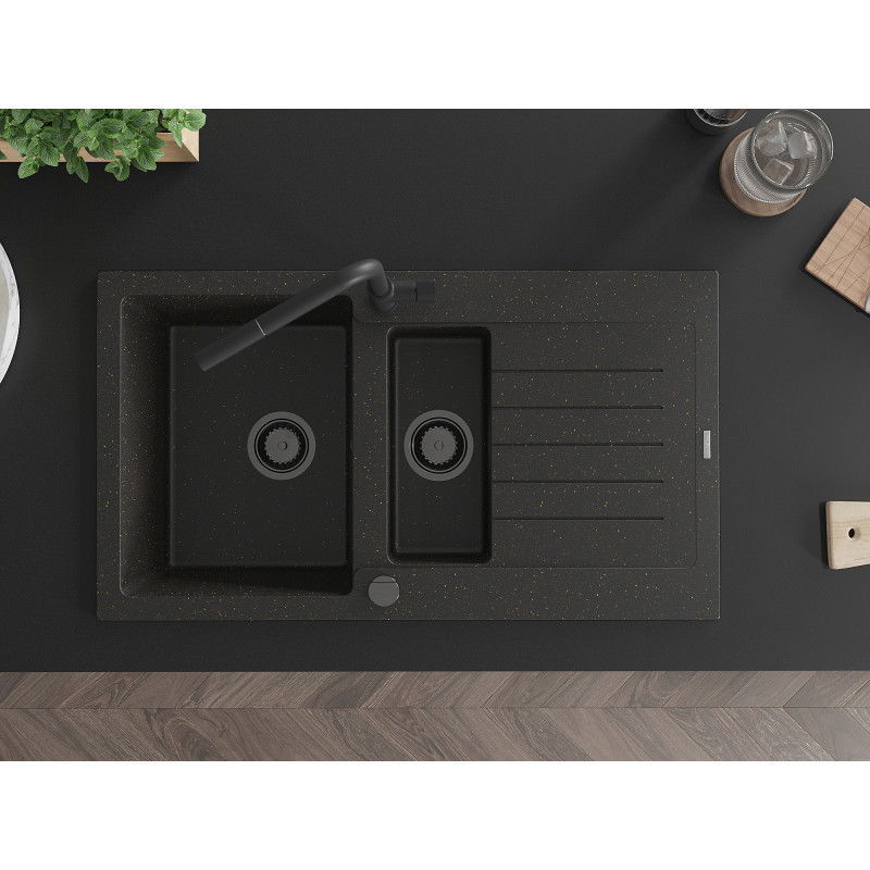Mexen Matias granitový drez 1,5-komorový s odkvapkávačom a kuchynskou batériou Flora, čierny/zlatý - 6502-75-670401-70-B