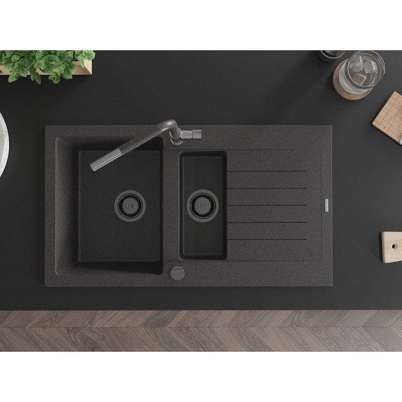 Mexen Matias žulový drez 1,5-komorový s odkvapkávačom a kuchynskou batériou Flora, čierny škvrnitý - 6502-76-670401-08-B