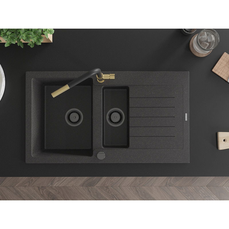 Mexen Matias granitový drez 1,5-komorový s odkvapkávačom a kuchynskou batériou Flora, čierny škvrnitý