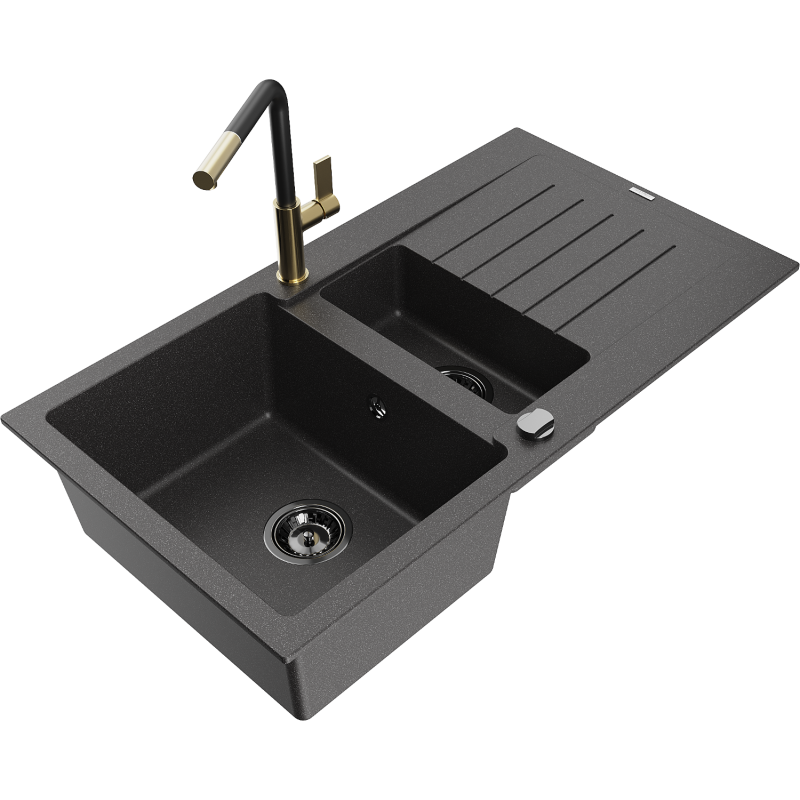 Mexen Matias granitový drez 1,5-komorový s odkvapkávačom a kuchynskou batériou Flora, čierny škvrnitý