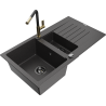 Mexen Matias granitový drez 1,5-komorový s odkvapkávačom a kuchynskou batériou Flora, čierny škvrnitý
