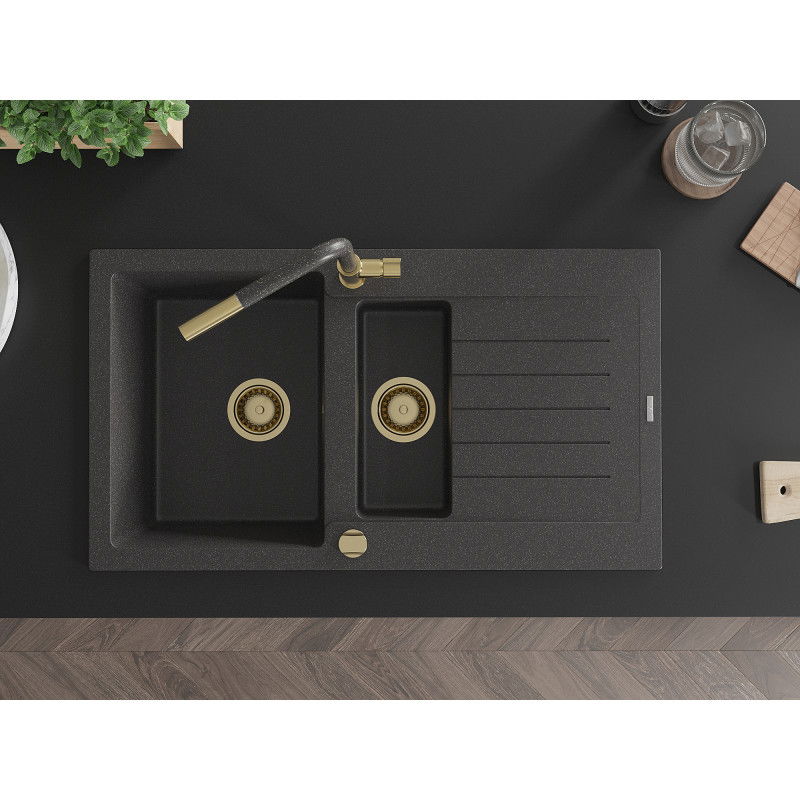 Mexen Matias granitový drez 1,5-komorový s odkvapkávačom a kuchynskou batériou Flora, čierny škvrnitý - 6502-76-670401-75-G