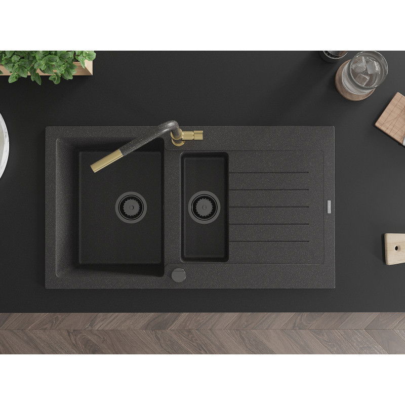 Mexen Matias granitový drez 1,5-komorový s odkvapkávačom a kuchynskou batériou Flora, čierny škvrnitý - 6502-76-670401-75-B