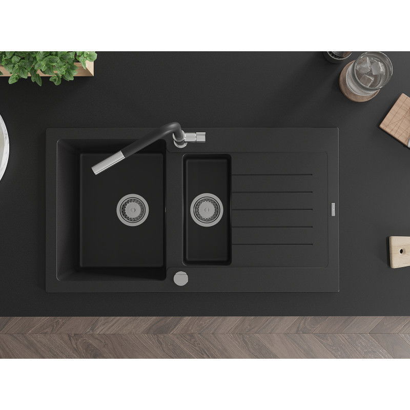 Mexen Matias žulový drez 1,5-komorový s odkvapkávačom a kuchynskou batériou Flora, čierny - 6502-77-670401-07