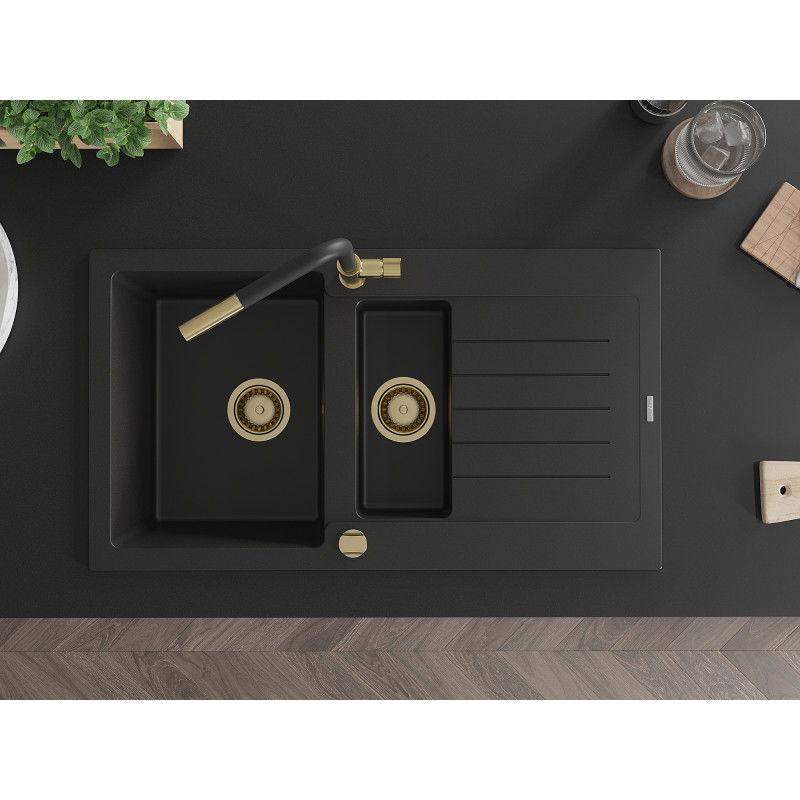 Mexen Matias žulový kuchynský drez 1,5-komorový s odkvapkávačom a kuchynskou batériou Flora, čierny - 6502-77-670401-57-G
