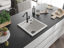 Mexen Vito granitový kuchynský drez 1-komorový s kuchynskou batériou Flora, biely - 6503-20-670401-70-B