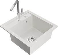 Mexen Vito granitový drez 1-komorový s kuchynskou batériou Flora, biely - 6503-20-670401-06