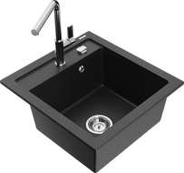 Mexen Vito granitový jednokomorový drez s kuchynskou batériou Flora, čierny/strieborný metalický - 6503-73-670401-00