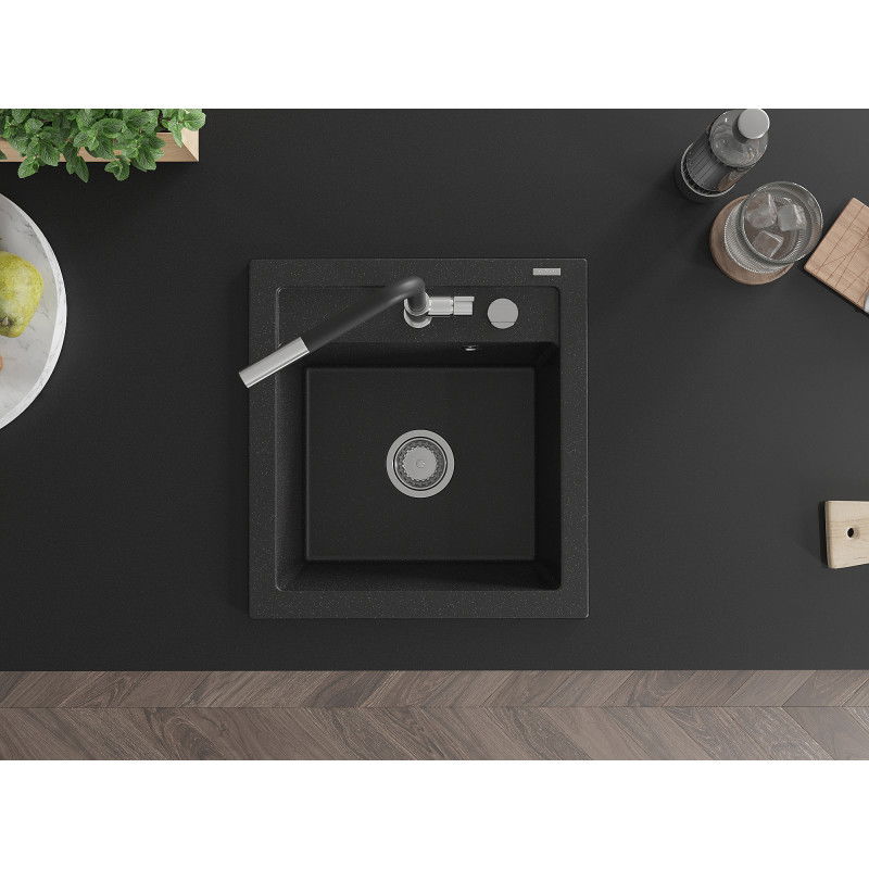 Mexen Vito granitový kuchynský drez s 1 komorou a kuchynskou batériou Flora, čierny/strieborný metalik - 6503-73-670401-07