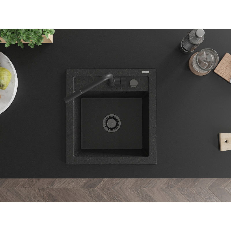 Mexen Vito žulový drez 1-komorový s kuchynskou batériou Flora, čierny/strieborný metalický - 6503-73-670401-70-B