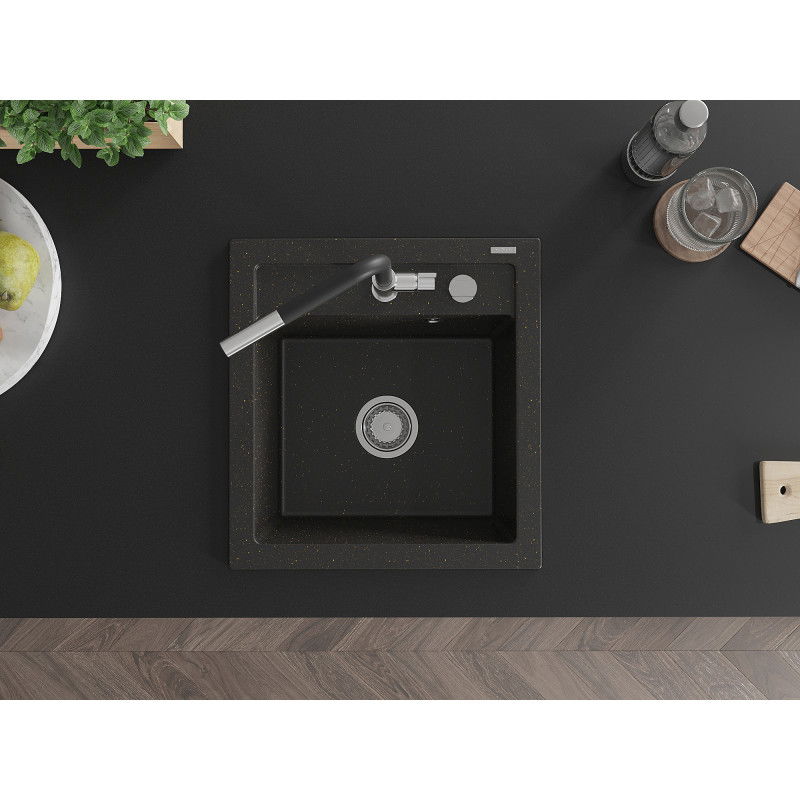 Mexen Vito granitový kuchynský drez s jednou komorou a kuchynskou batériou Flora, čierny/zlatý metalik - 6503-75-670401-07