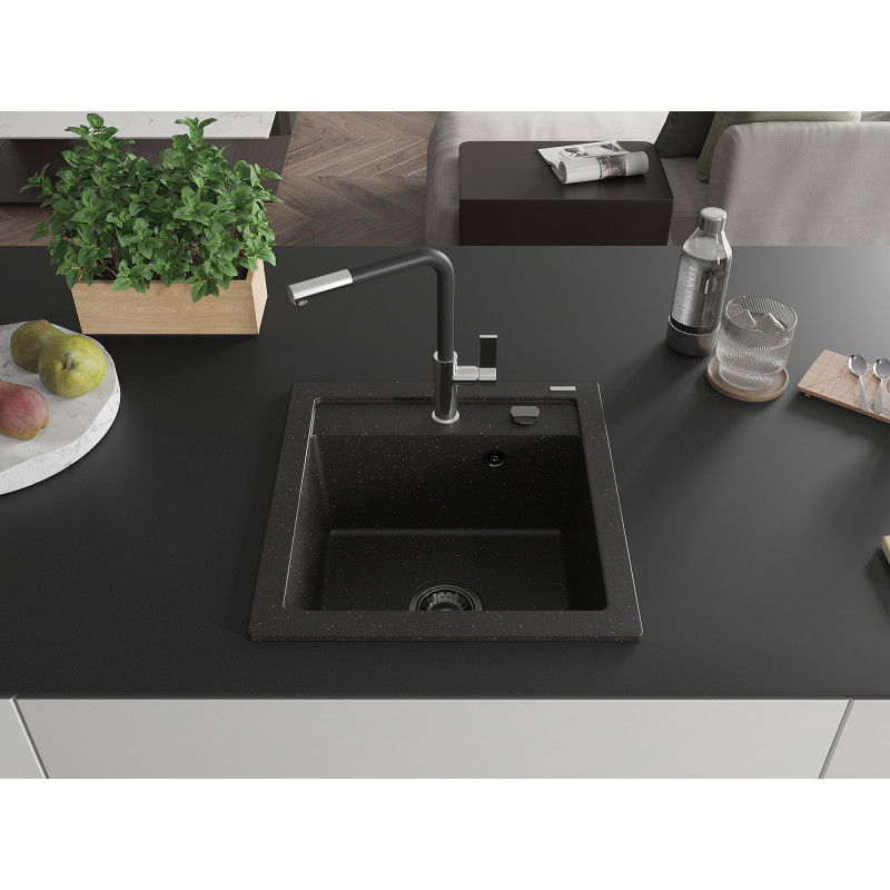 Mexen Vito žulový drez s 1 komorou a kuchynskou batériou Flora, čierna/zlatá metalíza - 6503-75-670401-07-B