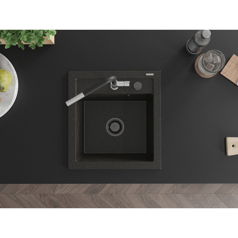 Mexen Vito žulový drez s 1 komorou a kuchynskou batériou Flora, čierna/zlatá metalíza - 6503-75-670401-07-B