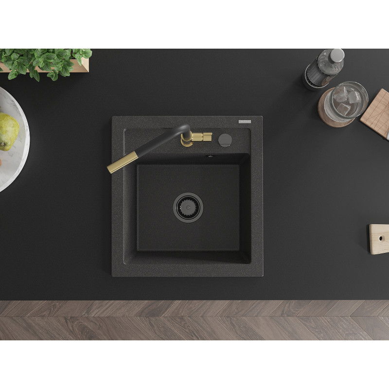 Mexen Vito žulový kuchynský drez s 1-komorou a kuchynskou batériou Flora, čierny škvrnitý - 6503-76-670401-57-B
