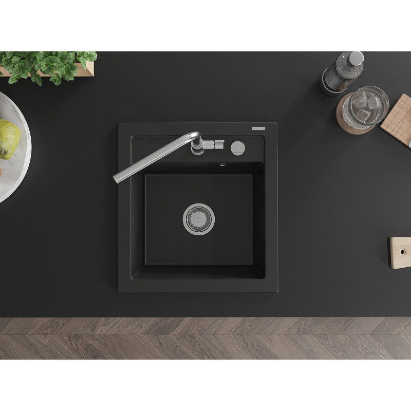 Mexen Vito žulový drez 1-komorový s kuchynskou batériou Flora, čierny - 6503-77-670401-00