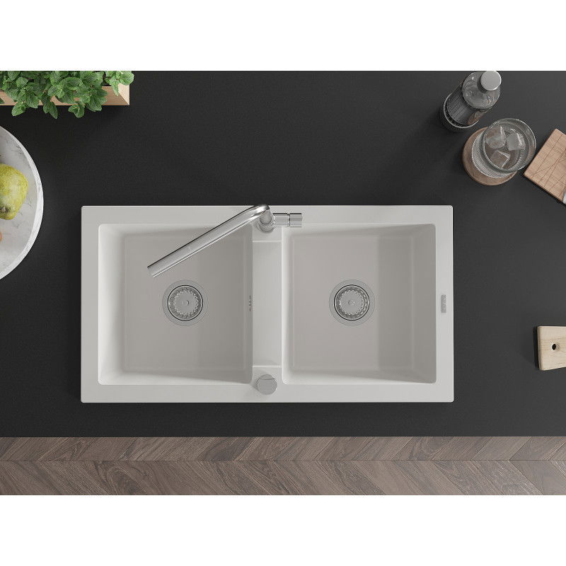Mexen Mario žulový kuchynský drez s 2 komorami a kuchynskou batériou Flora, biely - 6504-20-670401-00