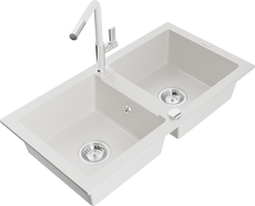 Mexen Mario dvojkomorový granitový drez s kuchynskou batériou Flora, biely - 6504-20-670401-02