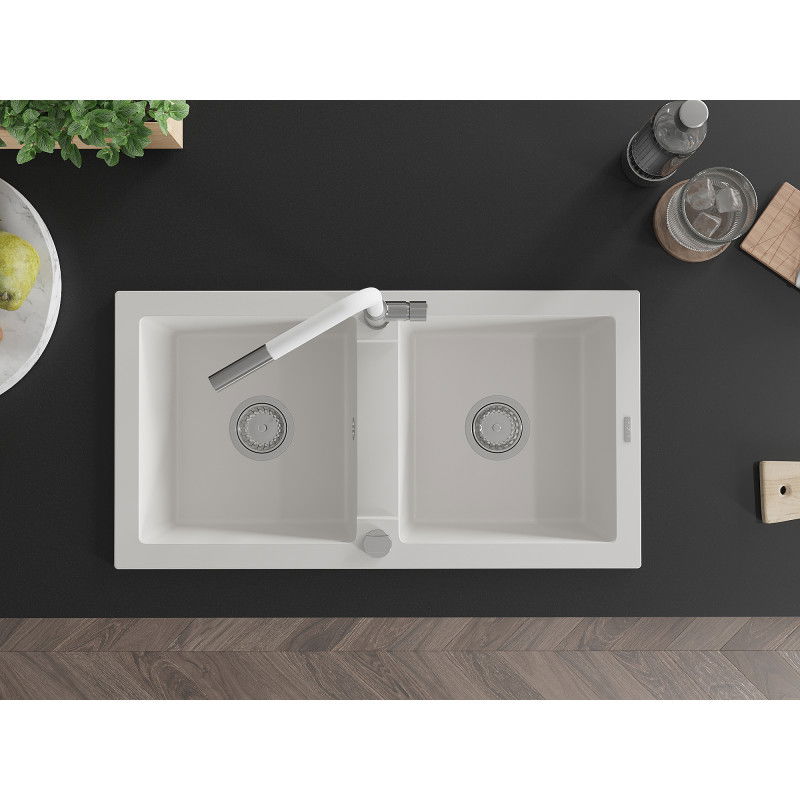 Mexen Mario dvojkomorový granitový drez s kuchynskou batériou Flora, biely - 6504-20-670401-02