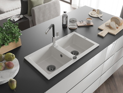 Mexen Mario granitový drez 2-komorový s kuchynskou batériou Flora, biely - 6504-20-670401-07-B