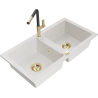 Mexen Mario granitový drez s dvoma komorami a kuchynskou batériou Flora, biely - 6504-20-670401-57-G