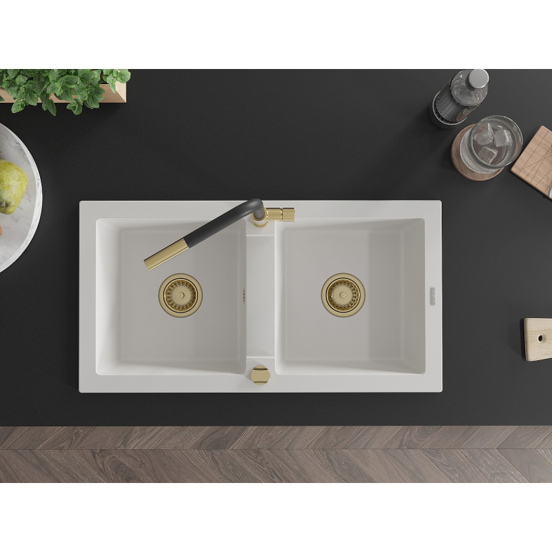 Mexen Mario granitový drez s dvoma komorami a kuchynskou batériou Flora, biely - 6504-20-670401-57-G