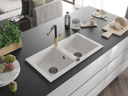 Mexen Mario granitový drez 2-komorový s kuchynskou batériou Flora, biely - 6504-20-670401-57-B