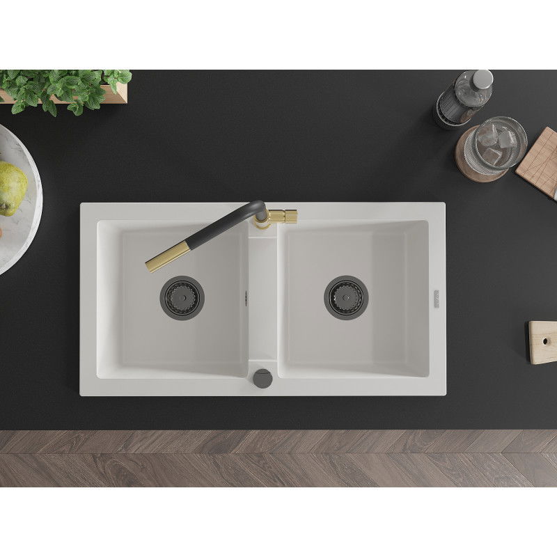 Mexen Mario granitový drez 2-komorový s kuchynskou batériou Flora, biely - 6504-20-670401-57-B