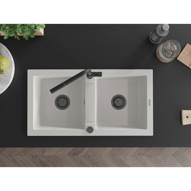 Mexen Mario granitový drez 2-komorový s kuchynskou batériou Flora, biely - 6504-20-670401-70-B