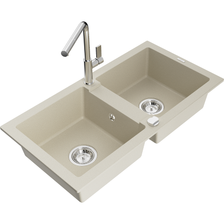 Mexen Mario granitový drez 2-komorový s kuchynskou batériou Flora, béžový - 6504-69-670401-00