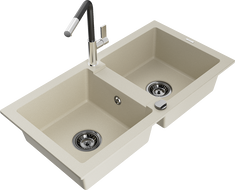 Mexen Mario dvojkomorový granitový drez s kuchynskou batériou Flora, béžový - 6504-69-670401-07-B